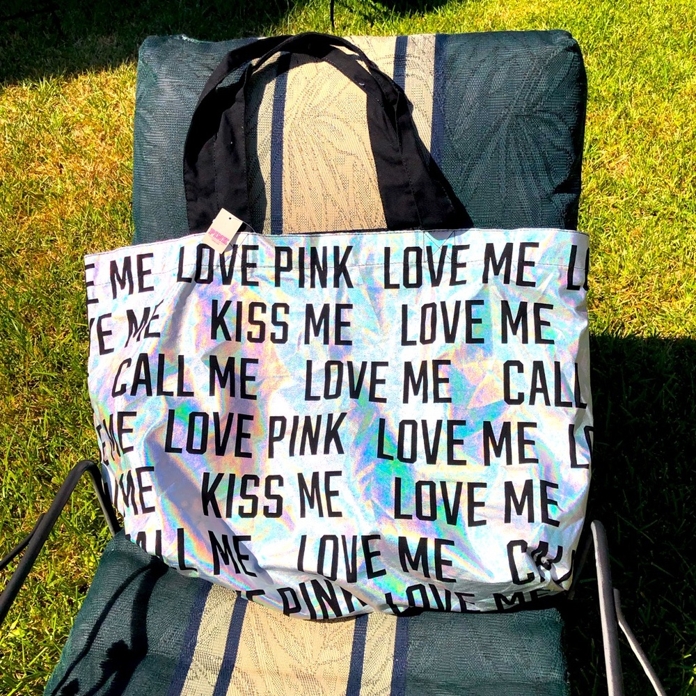 Victorias Secret Pink Holographic Kiss Me Love Me Beach Tote Book Bag NWT